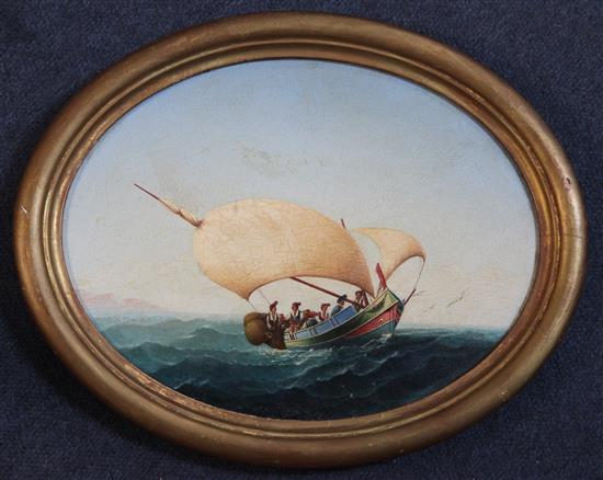 Attributed to Luigi M Galea Maltese fishing boat at sea, oval, 8 x 10.5in.